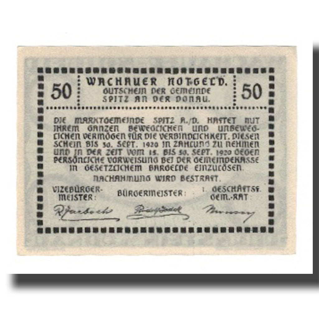 Banknot, Austria, Wachauer Notgeld Dürnstein N.Ö. Gemeinde, 50 Heller, texte