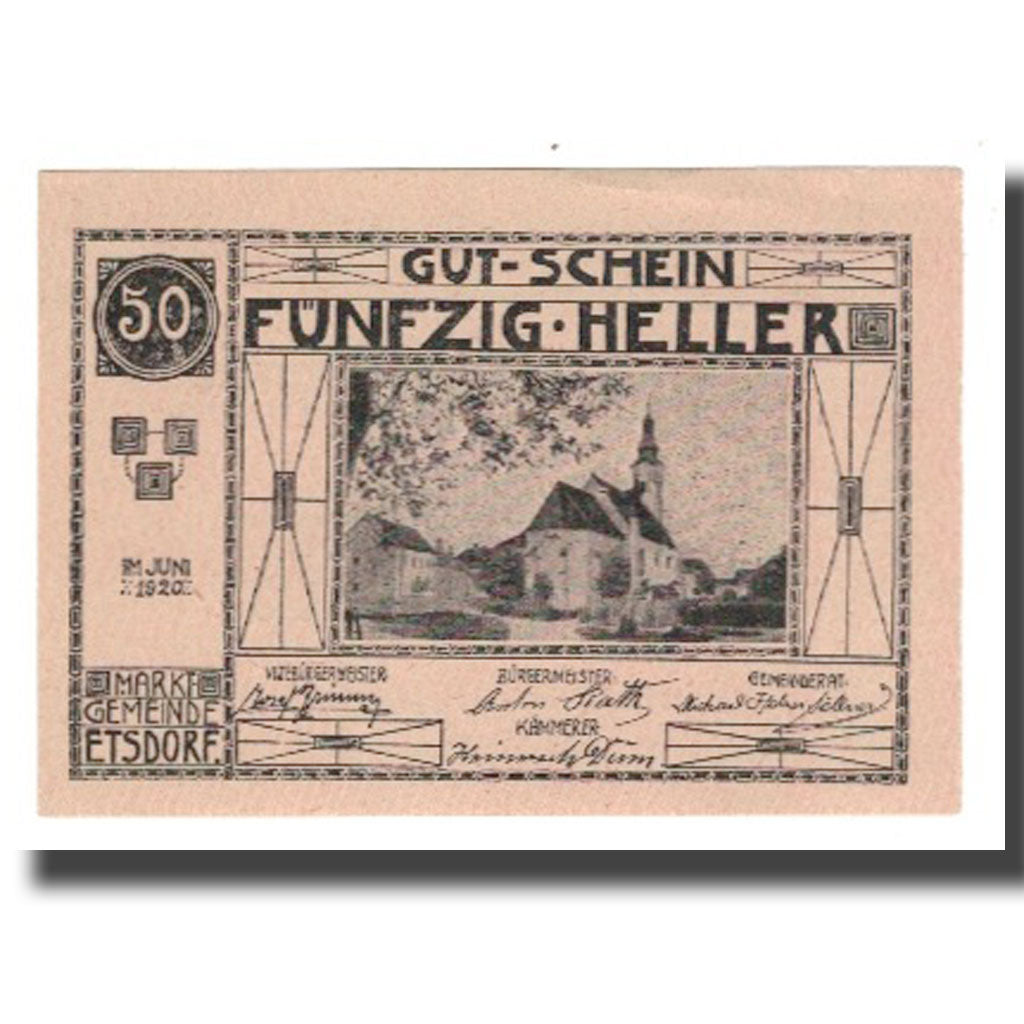 Banknot, Austria, Etsdorf N.Ö. Gemeinde, 50 Heller, Texte, 1920, 1920-12-31