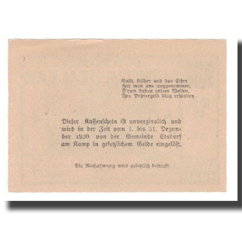 Banknot, Austria, Etsdorf N.Ö. Gemeinde, 50 Heller, Texte, 1920, 1920-12-31