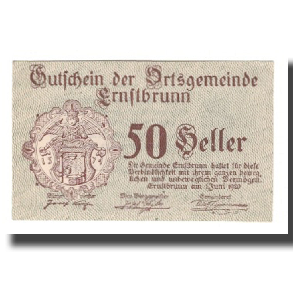 Banconote, Austria, Ernstbrunn N.Ö. Ortsgemeinde, 50 Heller, Texte, 1921