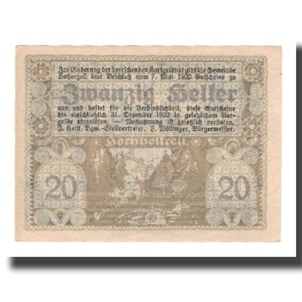Banknot, Austria, Hohenzell O.Ö. Gemeinde, 20 Heller, Blason, 1920, 1920-12-31