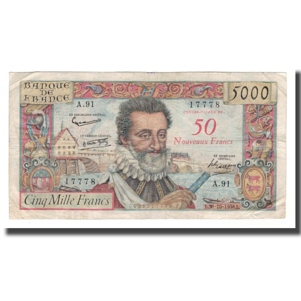 Frankrijk, 50 Nouveaux Francs on 5000 Francs, Henri IV, 1958, 1958-10-30, TB