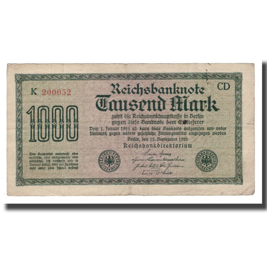 Nota, Alemanha, 1000 Mark, 1922, 1922-09-15, KM:76b, VF(30-35)