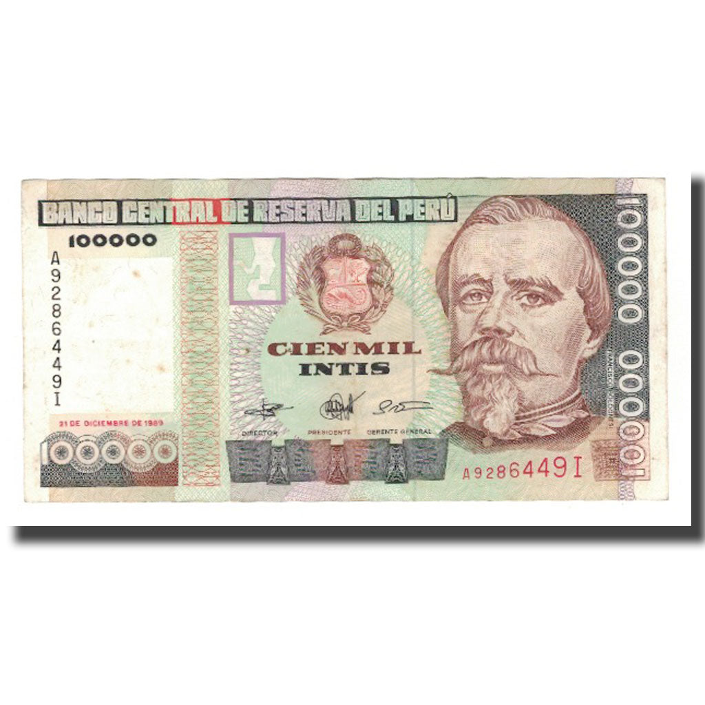 Geldschein, Peru, 100,000 Intis, 1989, 1989-12-21, KM:145, VZ
