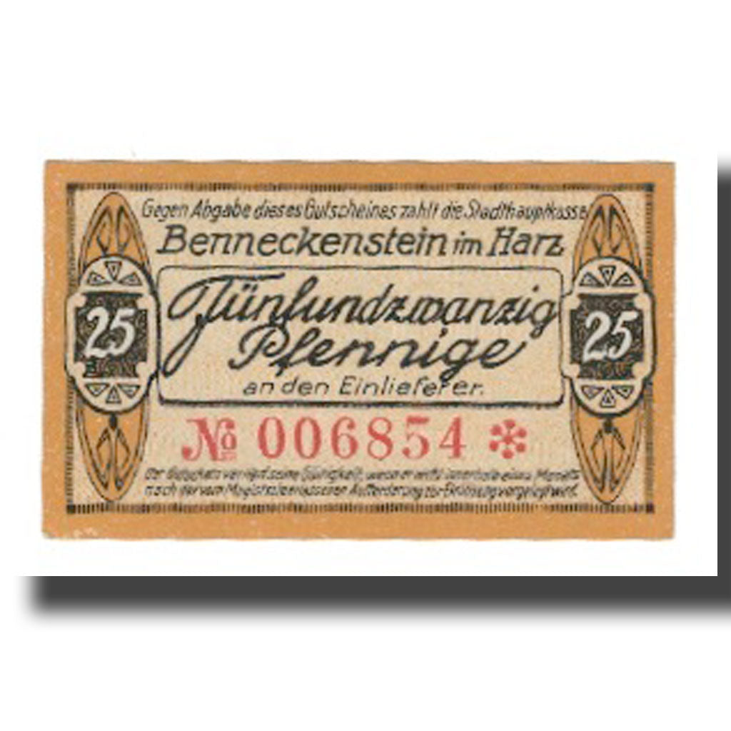 Banknote, Germany, Benneckenstein im Harz Stadt, 25 Pfennig, paysage 4, 1919
