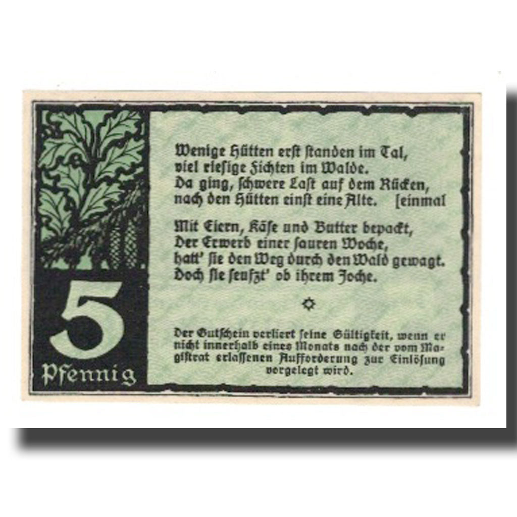 Banknot, Niemcy, Benneckenstein Stadt, 5 Pfennig, texte 1, 1921, AU(55-58)