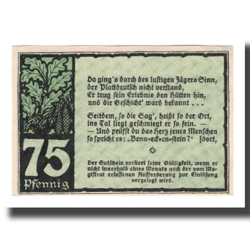 Banknote, Germany, Benneckenstein Stadt, 75 Pfennig, Texte 8, 1921, AU(55-58)