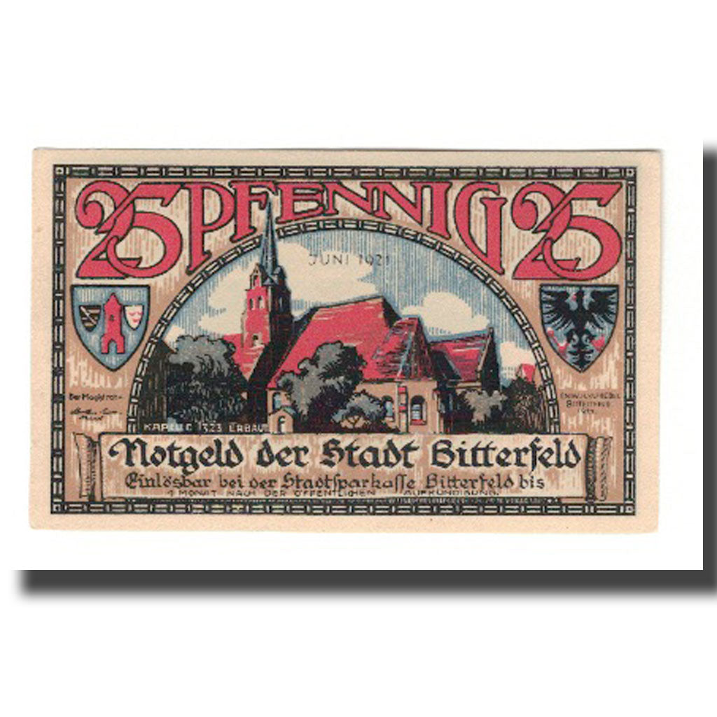 Biljet, Duitsland, Bitterfeld Stadt, 25 Pfennig, église 4, 1921, NIEUW