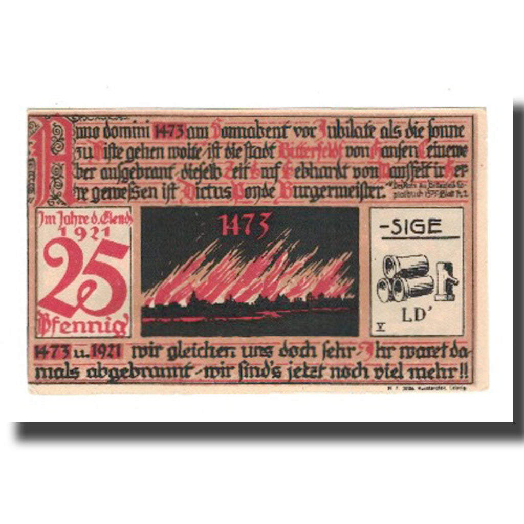 Biljet, Duitsland, Bitterfeld Stadt, 25 Pfennig, Eglise 8, 1921, NIEUW