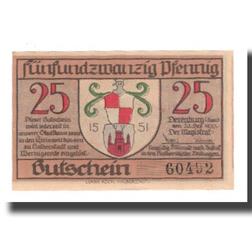 Nota, Alemanha, Derenburg Stadt, 25 Pfennig, maison 1, 1920, 1920-12-20