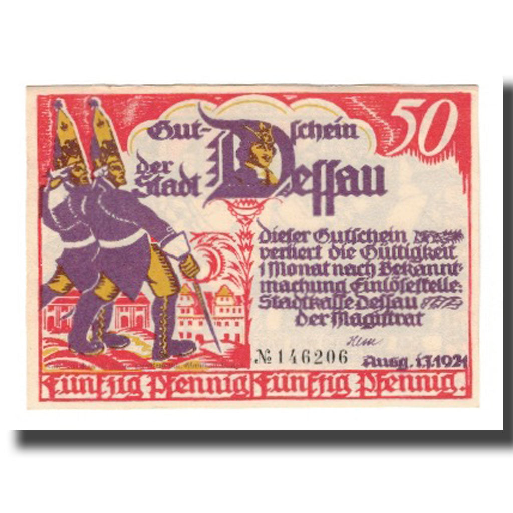 Banconote, Germania, Dessau Stadt, 50 Pfennig, personnage, 1921, 1921-07-01