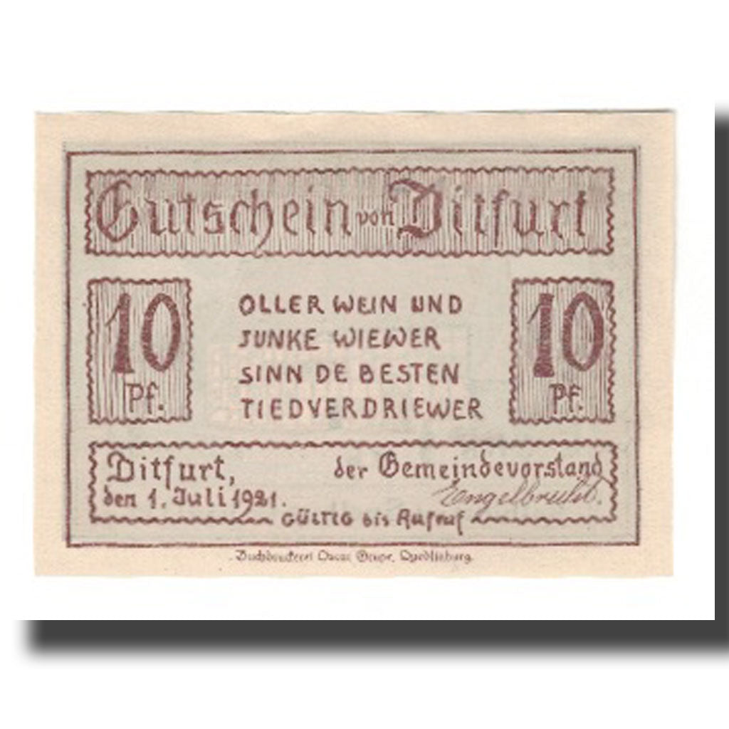 Banknote, Germany, Ditfurt Gemeinde, 10 Pfennig, Batiment, 1921, 1921-07-01