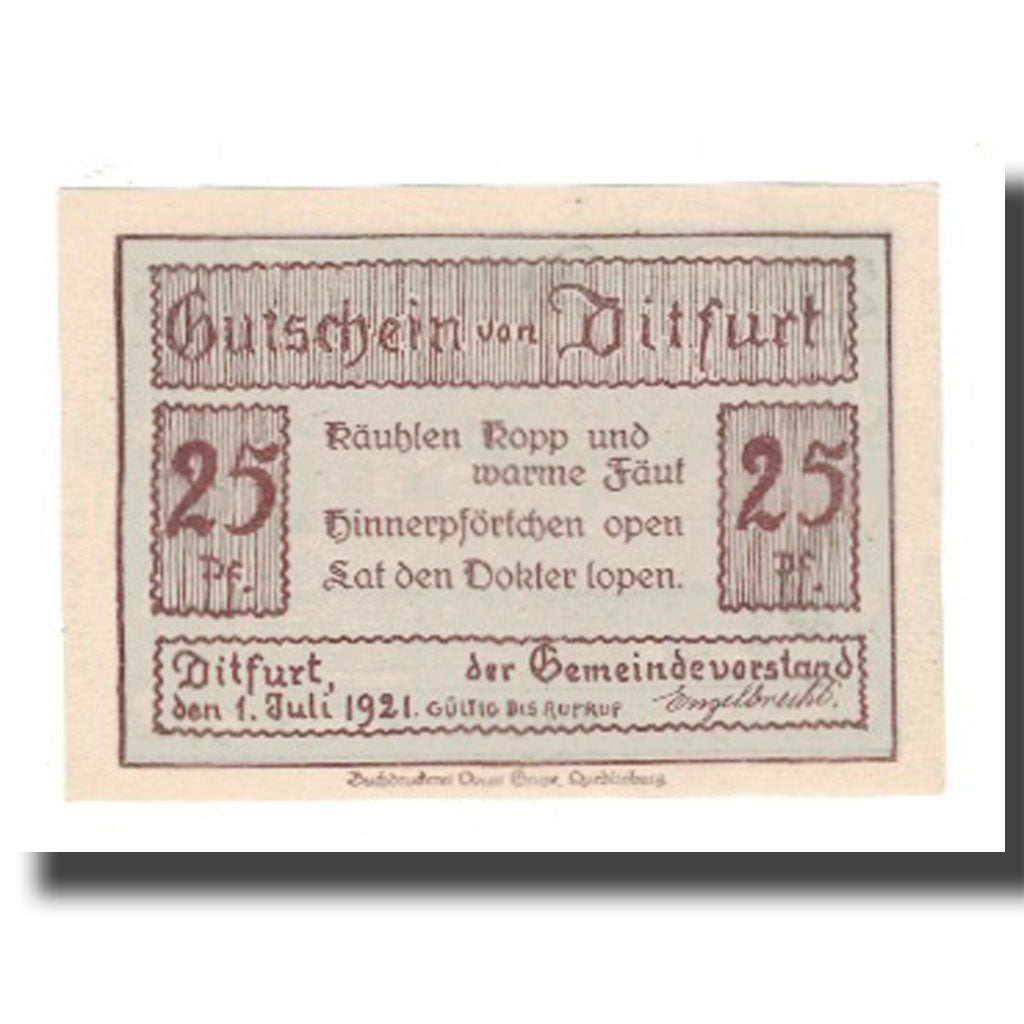 Billete, Alemania, Ditfurt Gemeinde, 25 Pfennig, Oies, 1921, 1921-07-01, EBC