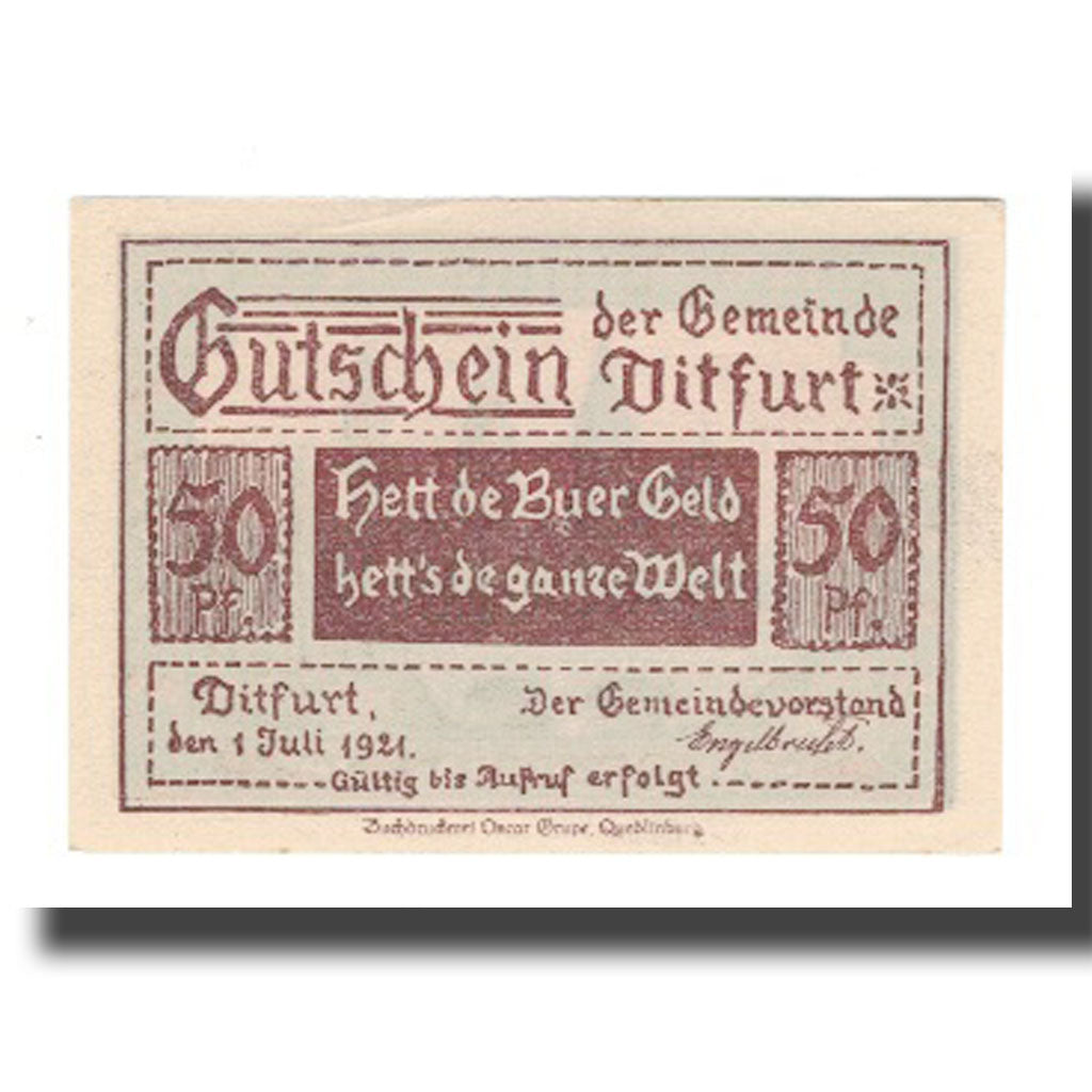 Banknote, Germany, Ditfurt Gemeinde, 50 Pfennig, village, 1921, 1921-07-01