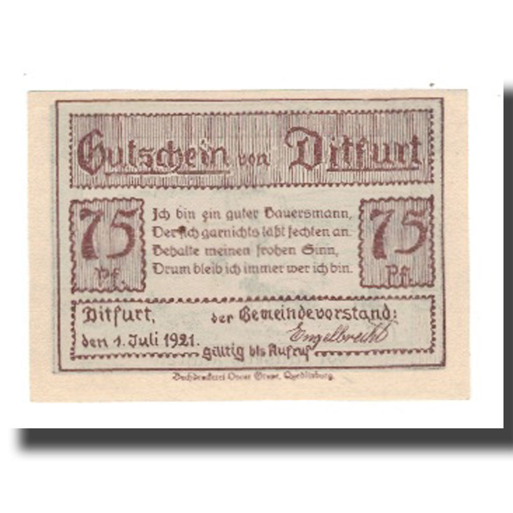 Billete, Alemania, Ditfurt Gemeinde, 75 Pfennig, paysage, 1921, 1921-07-01, EBC
