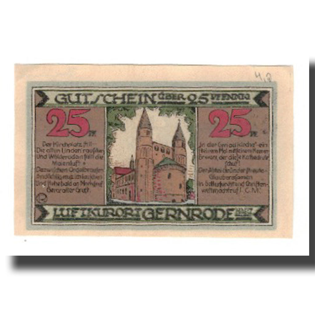 Banconote, Germania, Gernrode a.H. Stadt, 25 Pfennig, Eglise, 1921, 1921-05-09