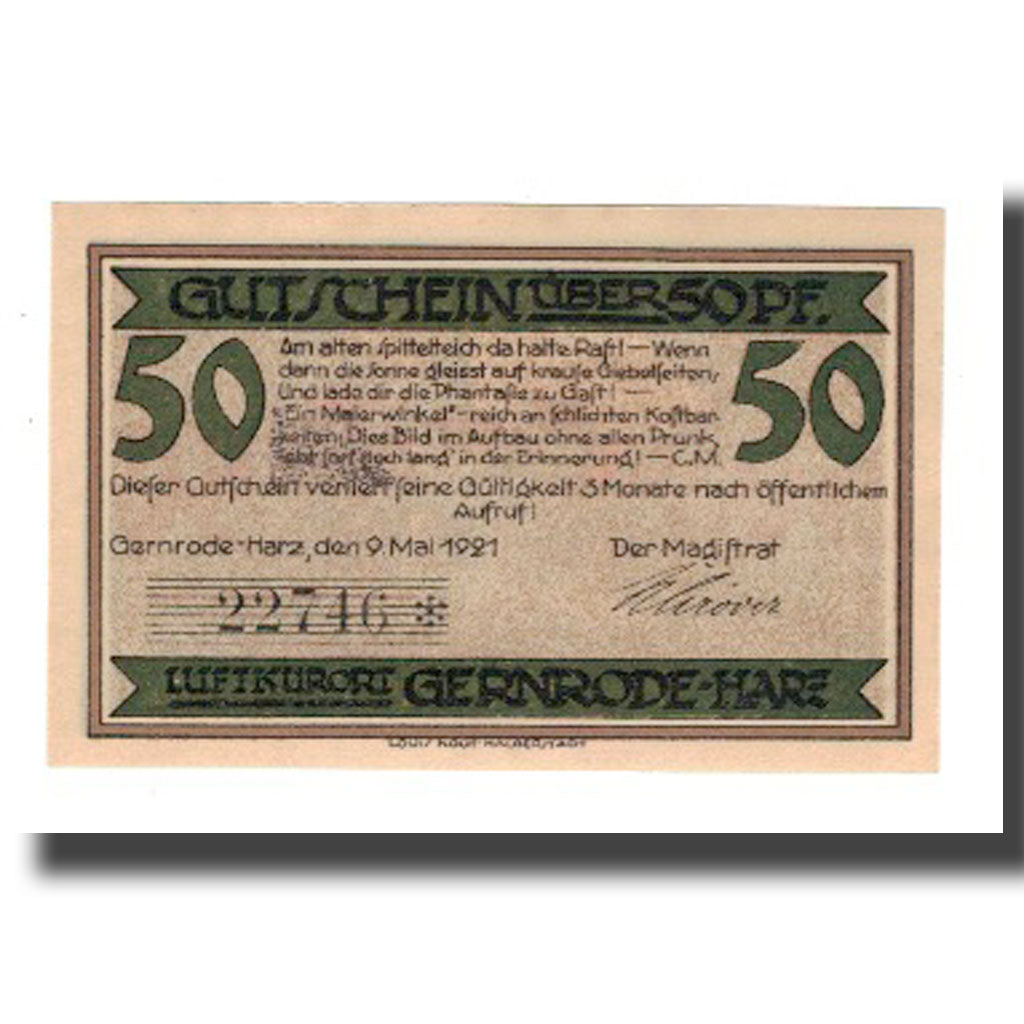 Banknote, Germany, Gernrode a.H. Stadt, 50 Pfennig, village 1, 1921, 1921-05-09