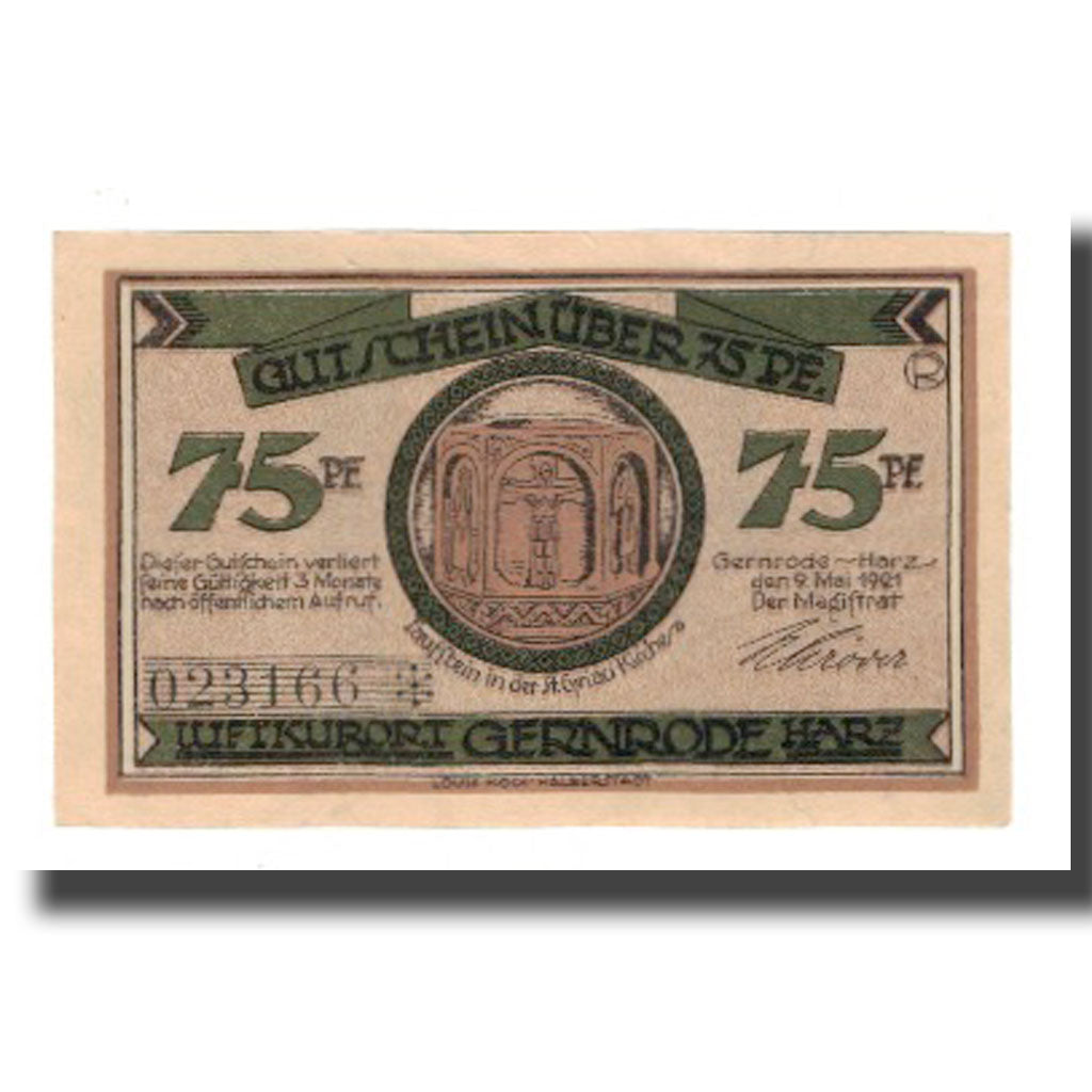 Nota, Alemanha, Gernrode a.H. Stadt, 75 Pfennig, village, 1921, 1921-05-09