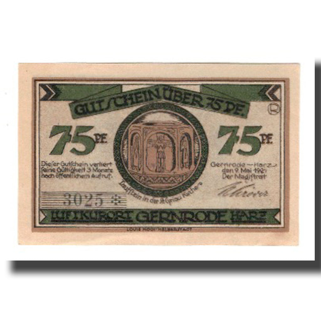 Banconote, Germania, Gernrode a.H. Stadt, 75 Pfennig, village 1, 1921