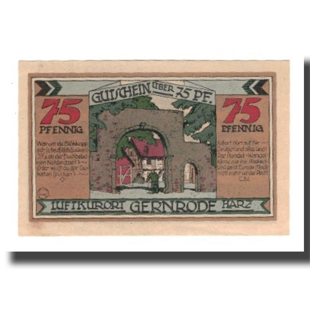 Banconote, Germania, Gernrode a.H. Stadt, 75 Pfennig, village 1, 1921