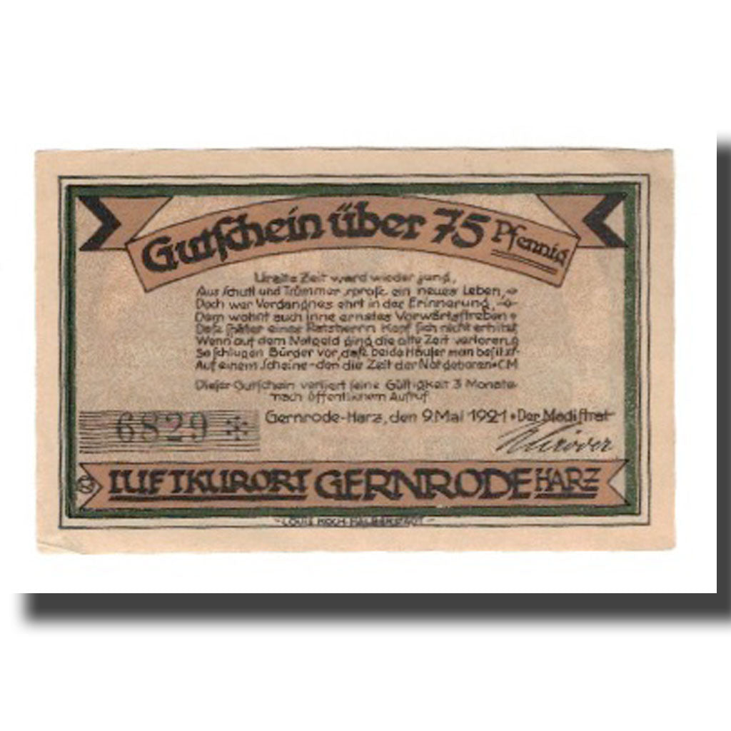 Banconote, Germania, Gernrode a.H. Stadt, 75 Pfennig, Batiment, 1921