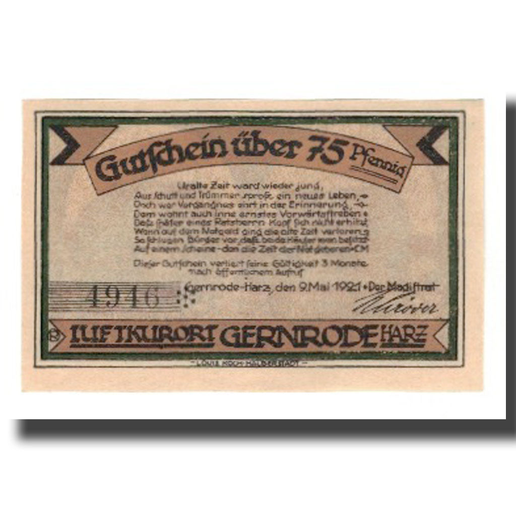 Banconote, Germania, Gernrode a.H. Stadt, 75 Pfennig, batiment 1, 1921