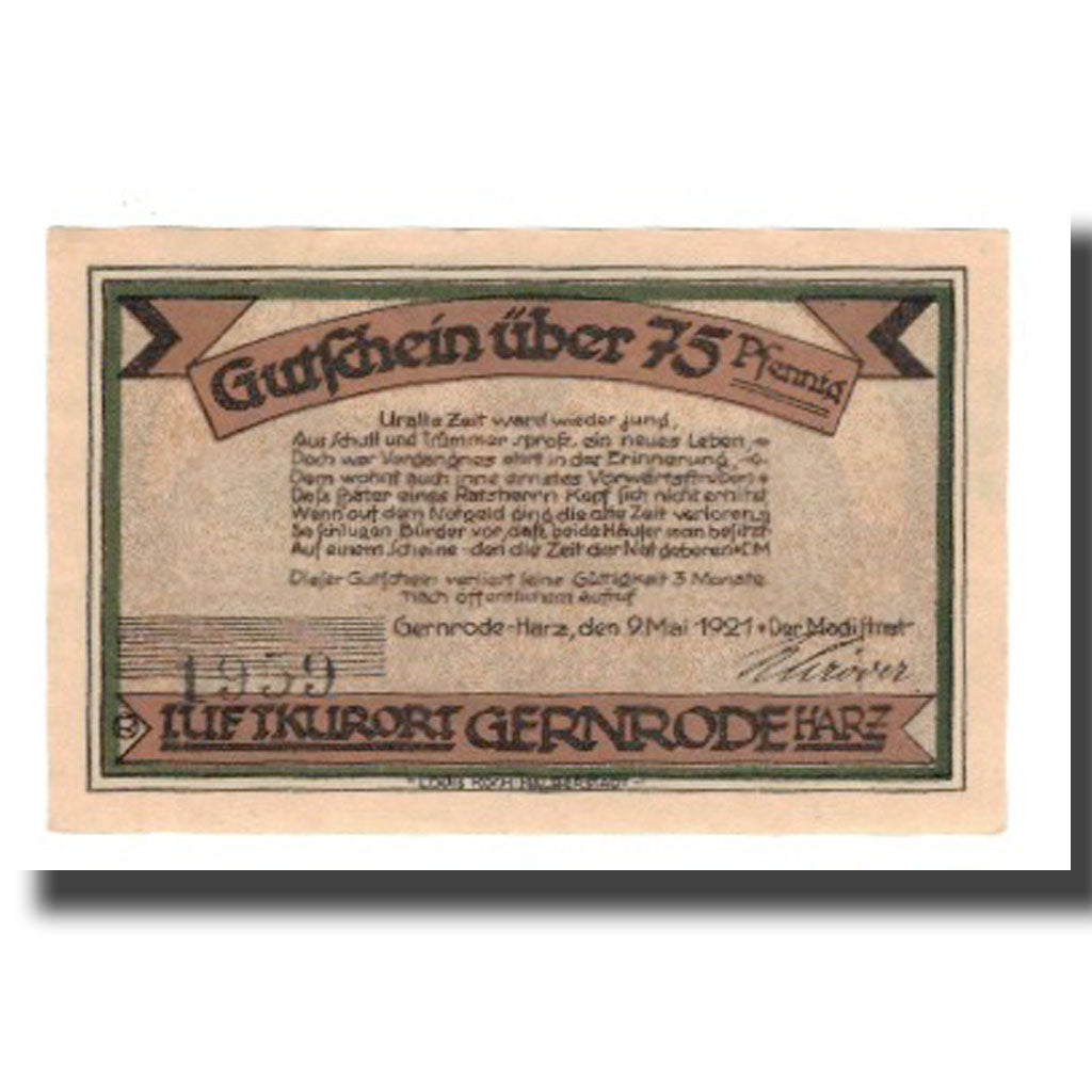 Banconote, Germania, Gernrode a.H. Stadt, 75 Pfennig, batiment 2, 1921