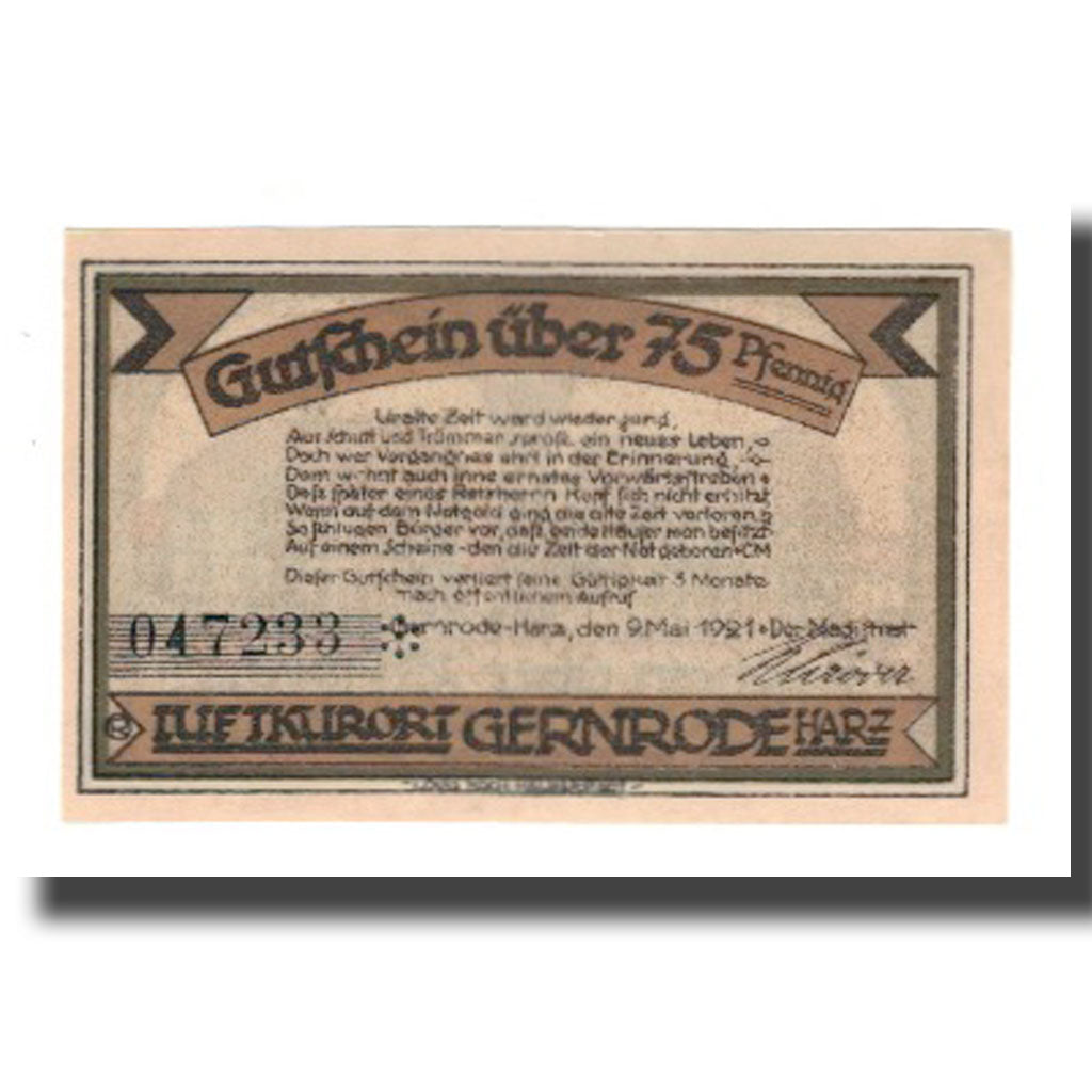 Banconote, Germania, Gernrode a.H. Stadt, 75 Pfennig, batiment 3, 1921