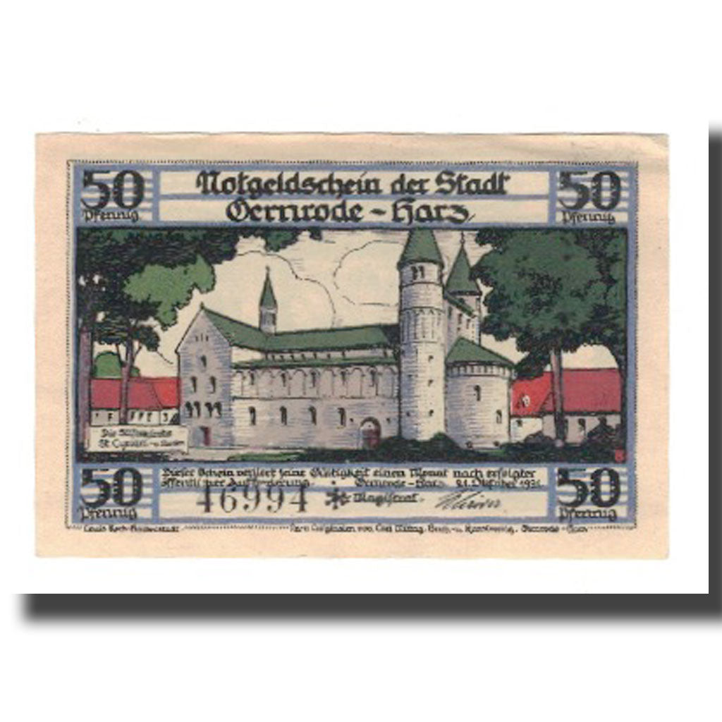 Banconote, Germania, Gernrode a.H. Stadt, 50 Pfennig, Batiment, 1921