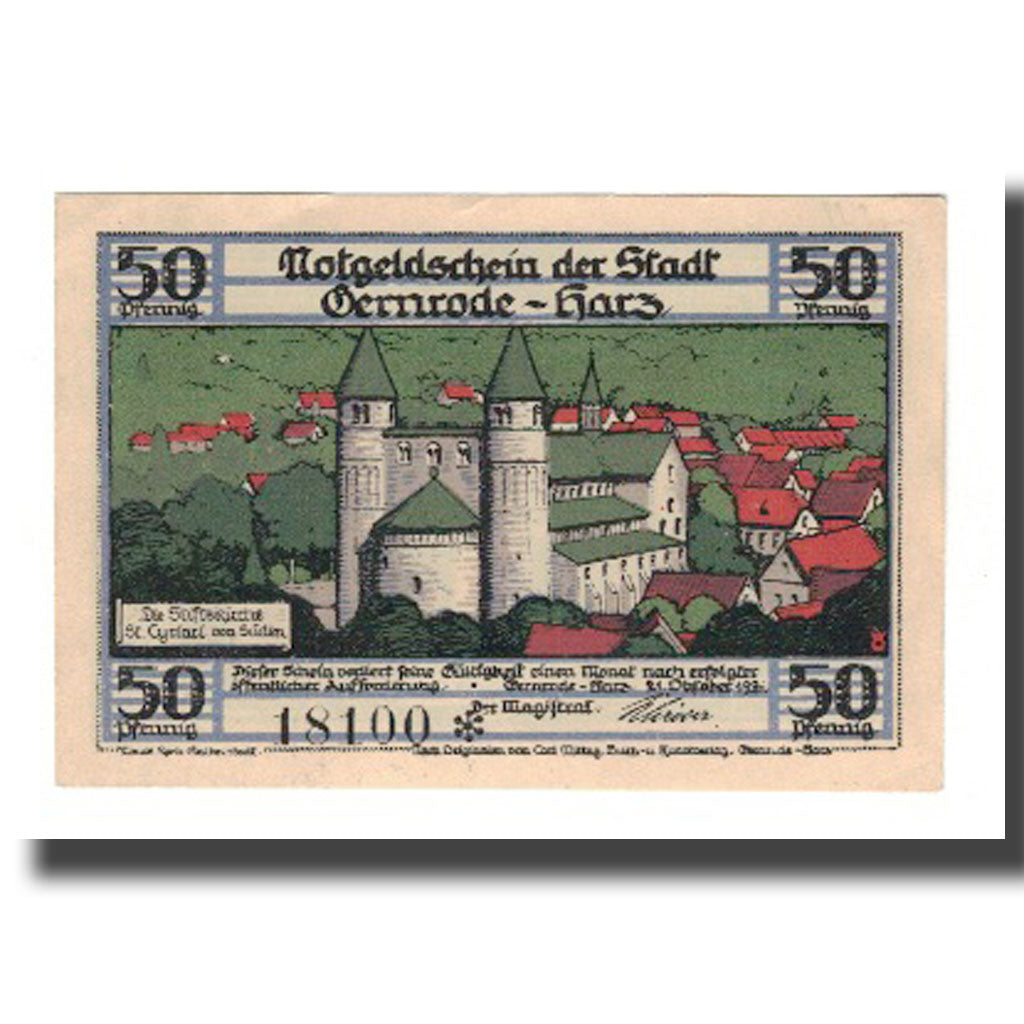 Banconote, Germania, Gernrode a.H. Stadt, 50 Pfennig, batiment 2, 1921
