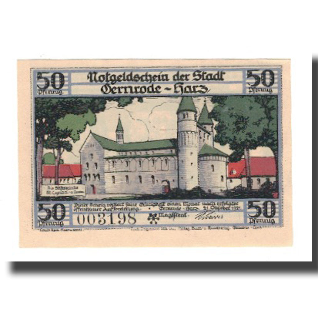 Banconote, Germania, Gernrode a.H. Stadt, 50 Pfennig, batiment 3, 1921