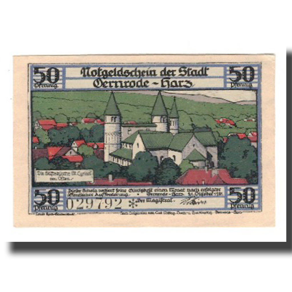 Banconote, Germania, Gernrode a.H. Stadt, 50 Pfennig, Batiment 4, 1921