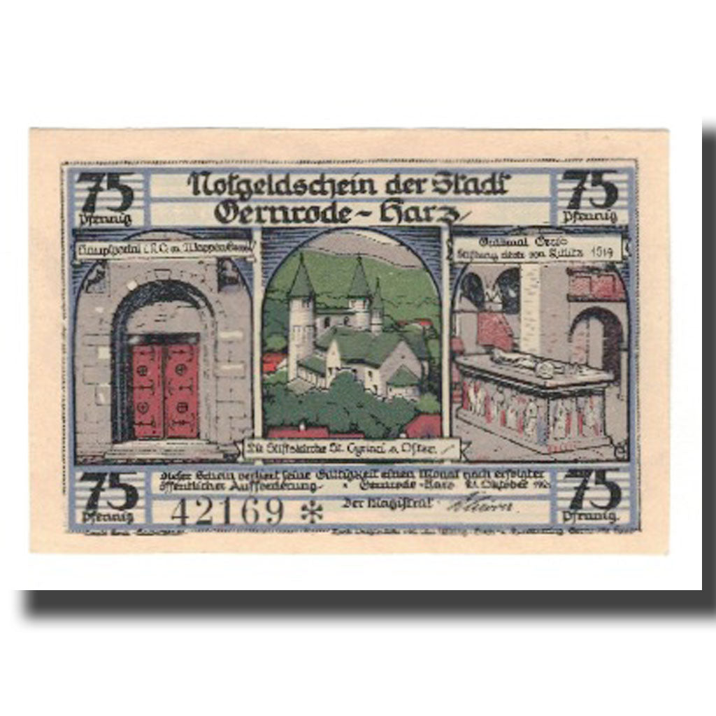 Geldschein, Deutschland, Gernrode a.H. Stadt, 75 Pfennig, batiment 1, 1921