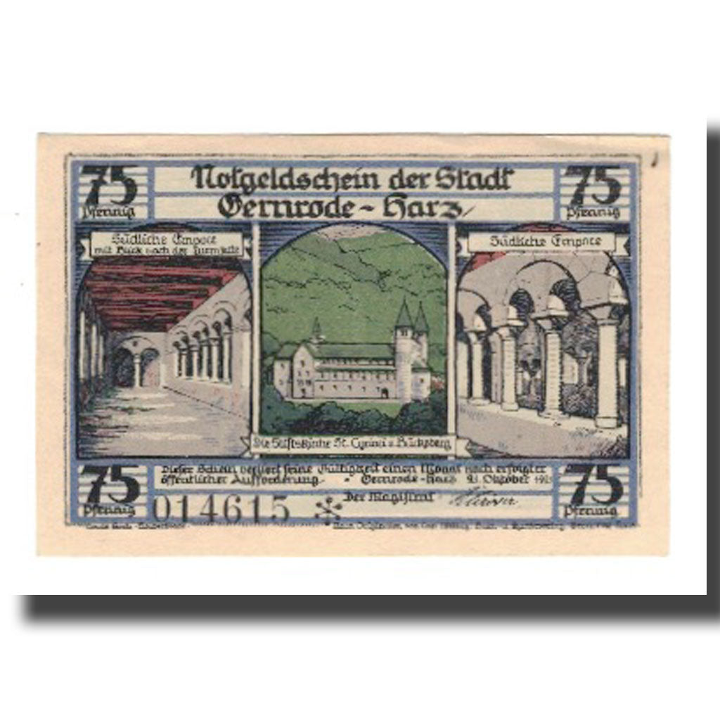 Banconote, Germania, Gernrode a.H. Stadt, 75 Pfennig, Eglise 1, 1921
