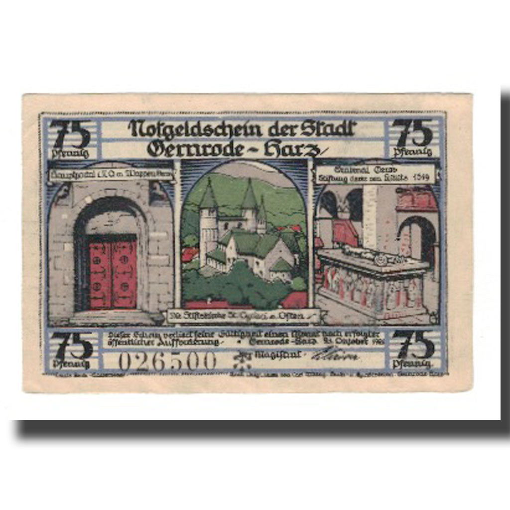 Banconote, Germania, Gernrode a.H. Stadt, 75 Pfennig, Batiment, 1921