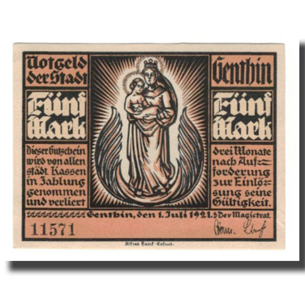 Biljet, Duitsland, Genthin Stadt, 5 Mark, village, 1921, 1921-07-01, SUP