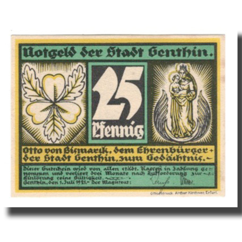 Banconote, Germania, Genthin Stadt, 25 Pfennig, personnage, 1921, 1921-07-01