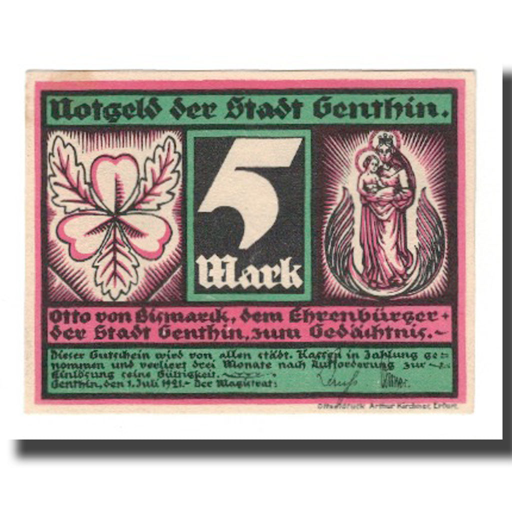 Banknote, Germany, Genthin Stadt, 5 Mark, personnage 7, 1921, 1921-07-01