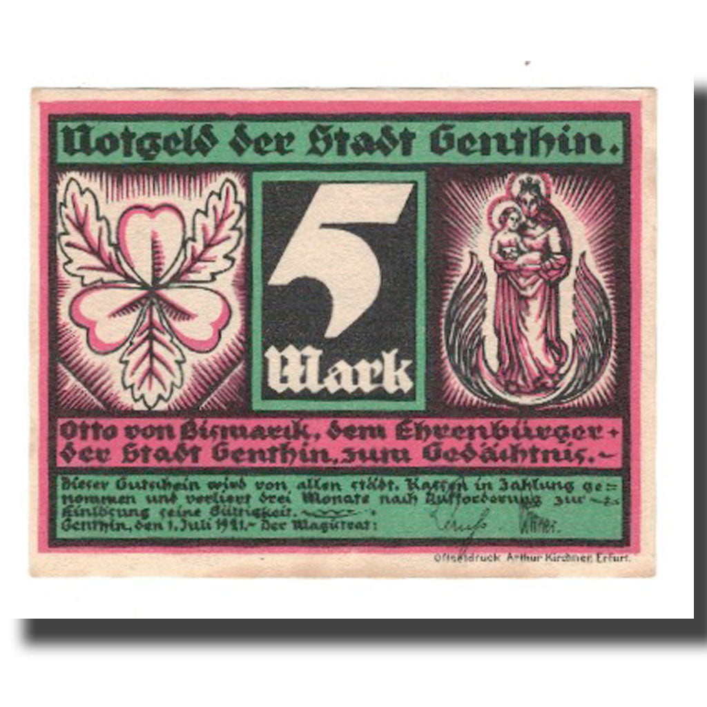 Banknote, Germany, Genthin Stadt, 5 Mark, personnage 8, 1921, 1921-07-01