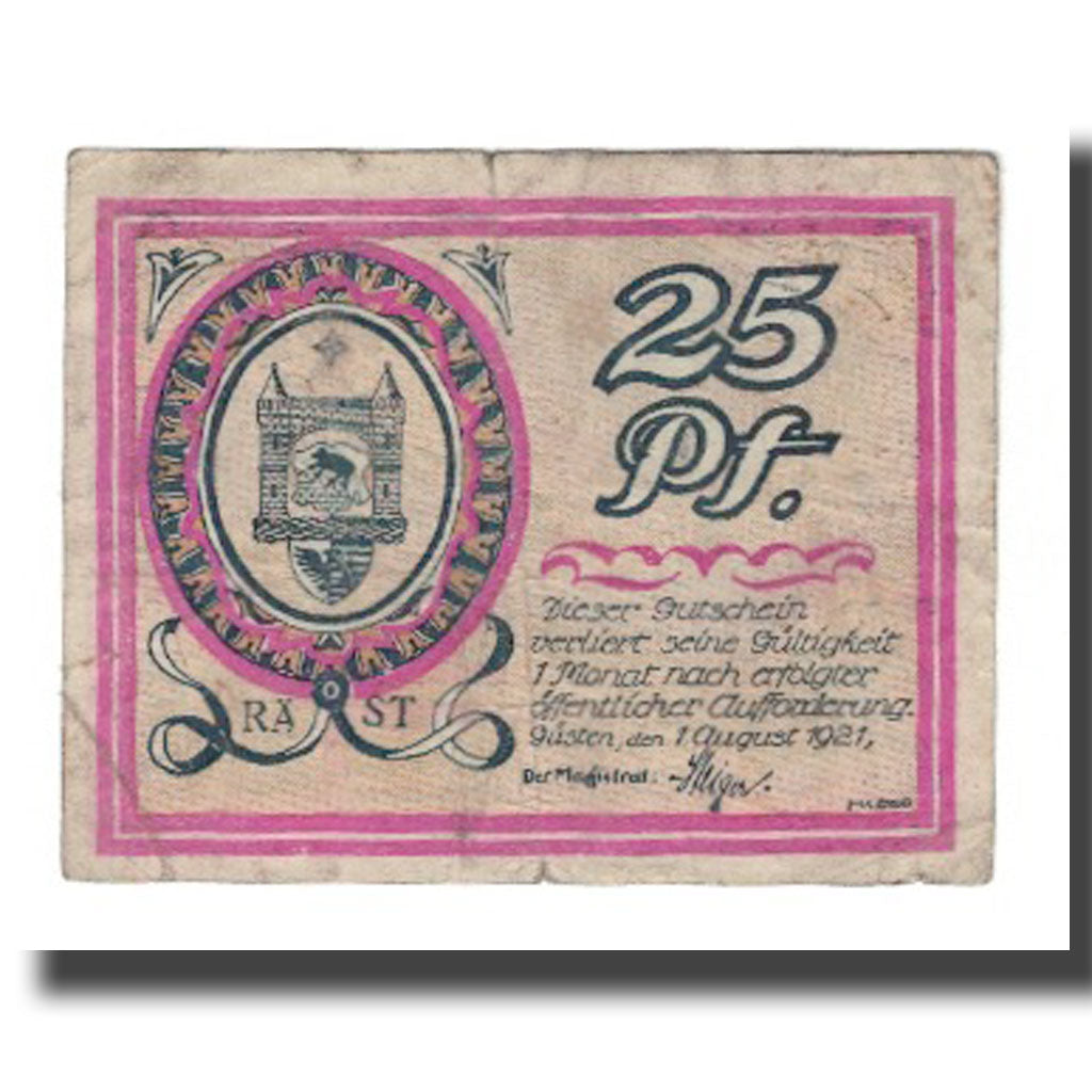 Banconote, Germania, Güsten Stadt, 25 Pfennig, Eglise 1, 1921, 1921-08-01, MB