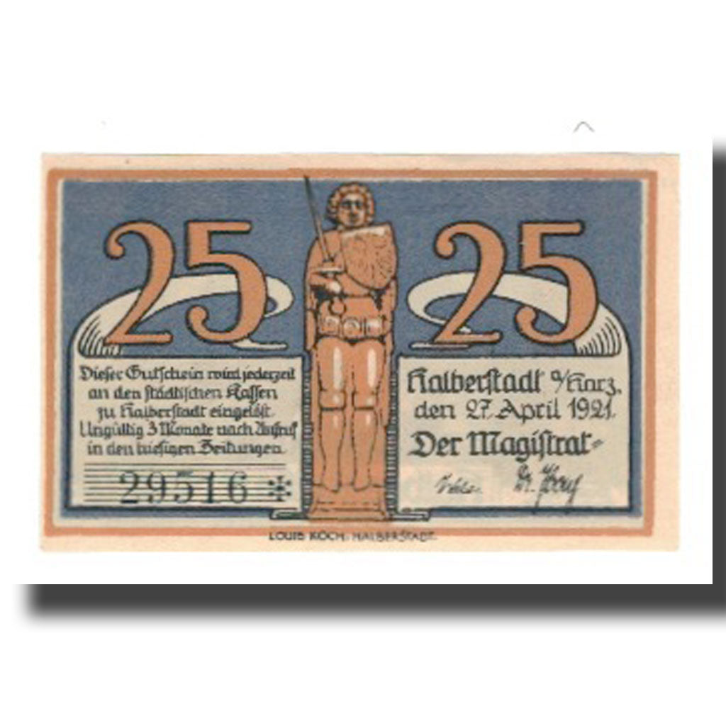 Biljet, Duitsland, Halberstadt Stadt, 25 Pfennig, personnage, 1921, 1921-04-27