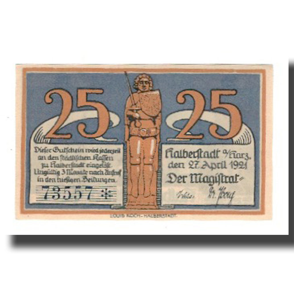 Banconote, Germania, Halberstadt Stadt, 25 Pfennig, personnage 1, 1921