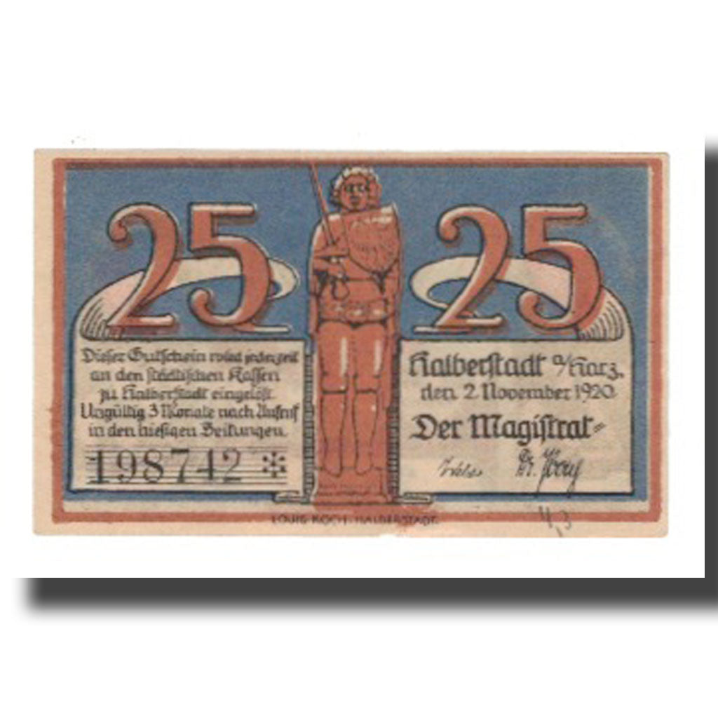 Banconote, Germania, Halberstadt Stadt, 25 Pfennig, personnage 3, 1921