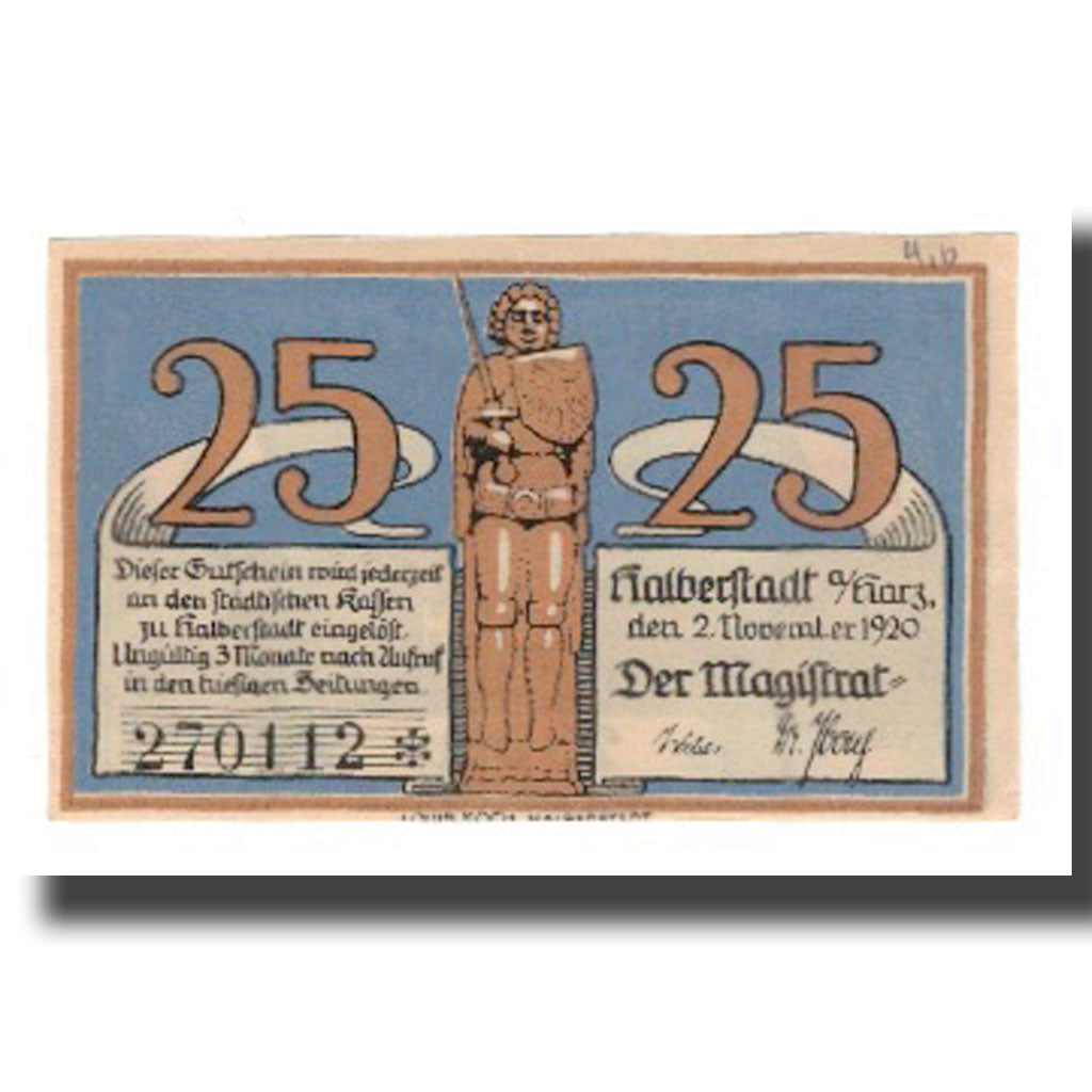 Banconote, Germania, Halberstadt Stadt, 25 Pfennig, personnage 5, 1921