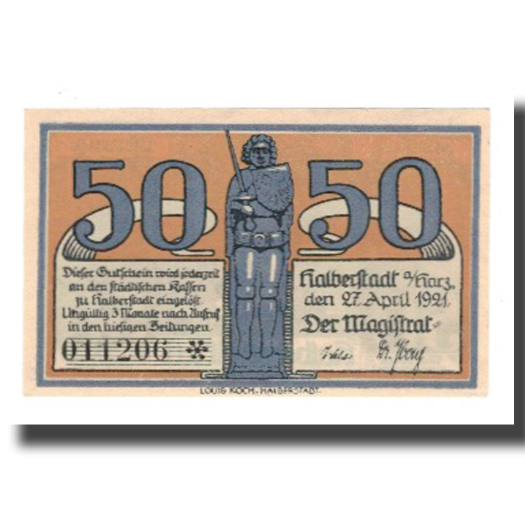 Banconote, Germania, Halberstadt Stadt, 50 Pfennig, personnage, 1921