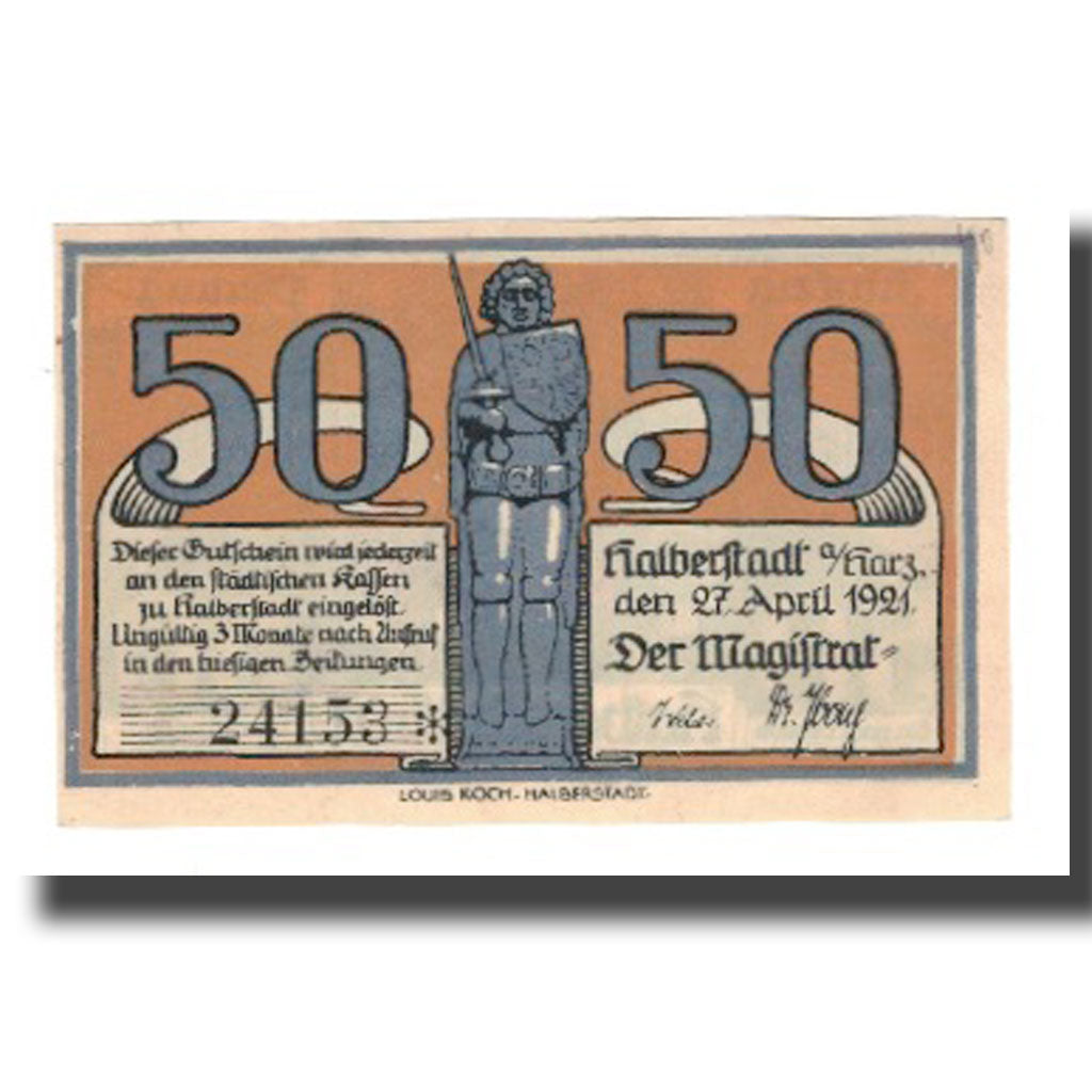 Banconote, Germania, Halberstadt Stadt, 50 Pfennig, personnage 1, 1921