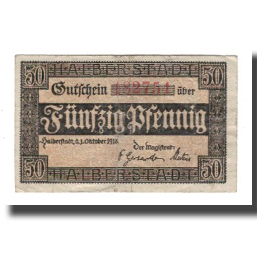 Banconote, Germania, Halberstadt Stadt, 50 Pfennig, Texte, 1918, 1918-10-01, MB
