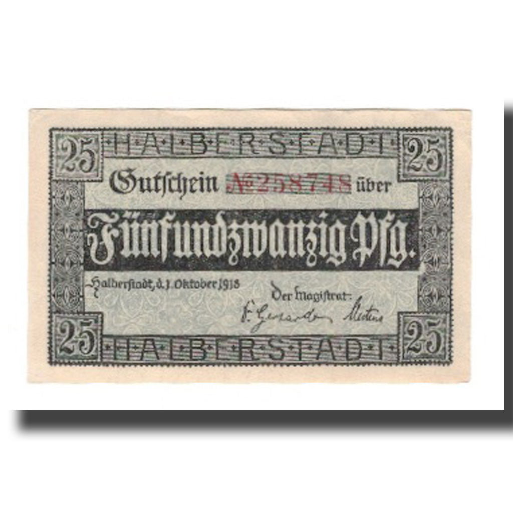 Banconote, Germania, Halberstadt Stadt, 25 Pfennig, Texte, 1918, 1918-10-01