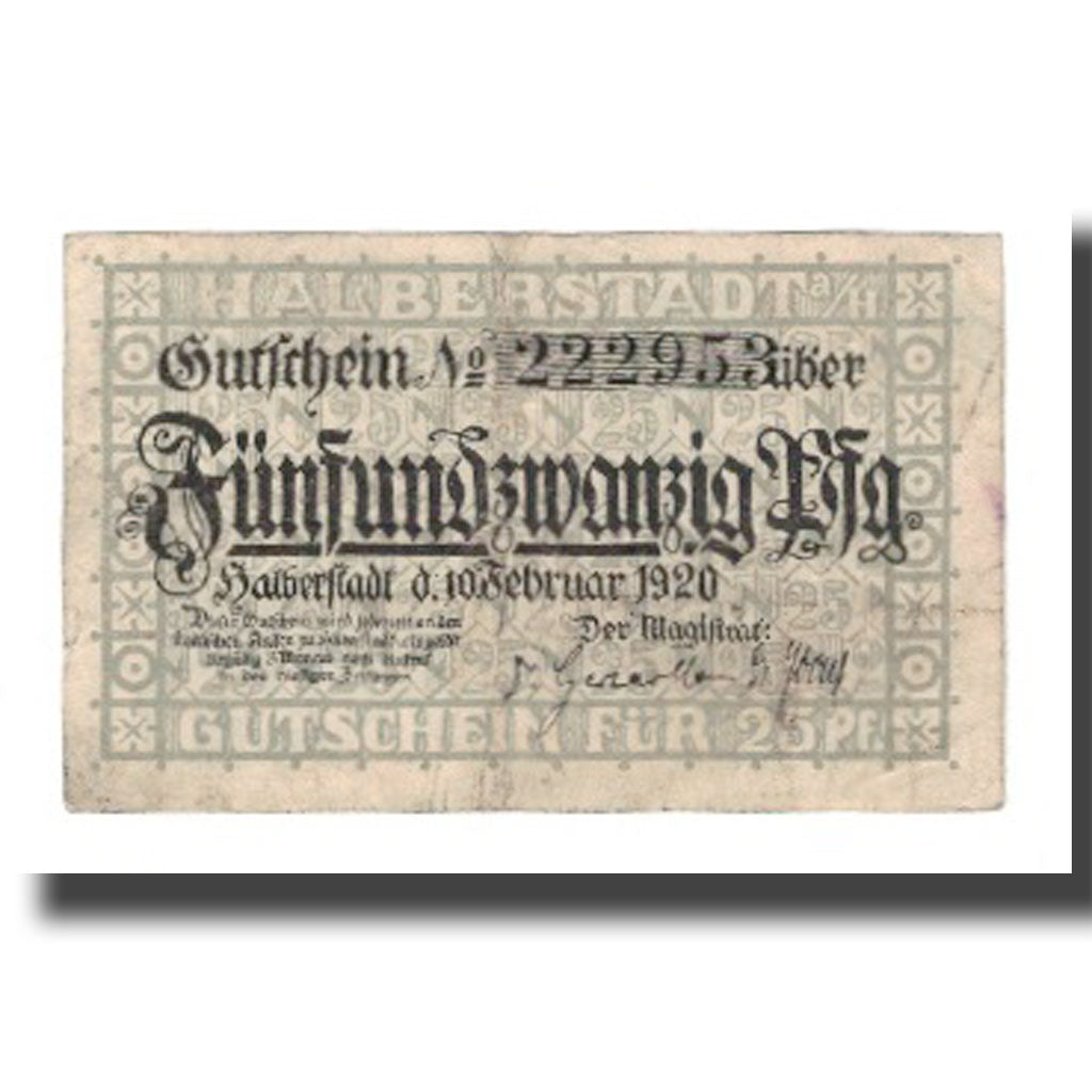 Banconote, Germania, Halberstadt Stadt, 25 Pfennig, personnage 1, 1920