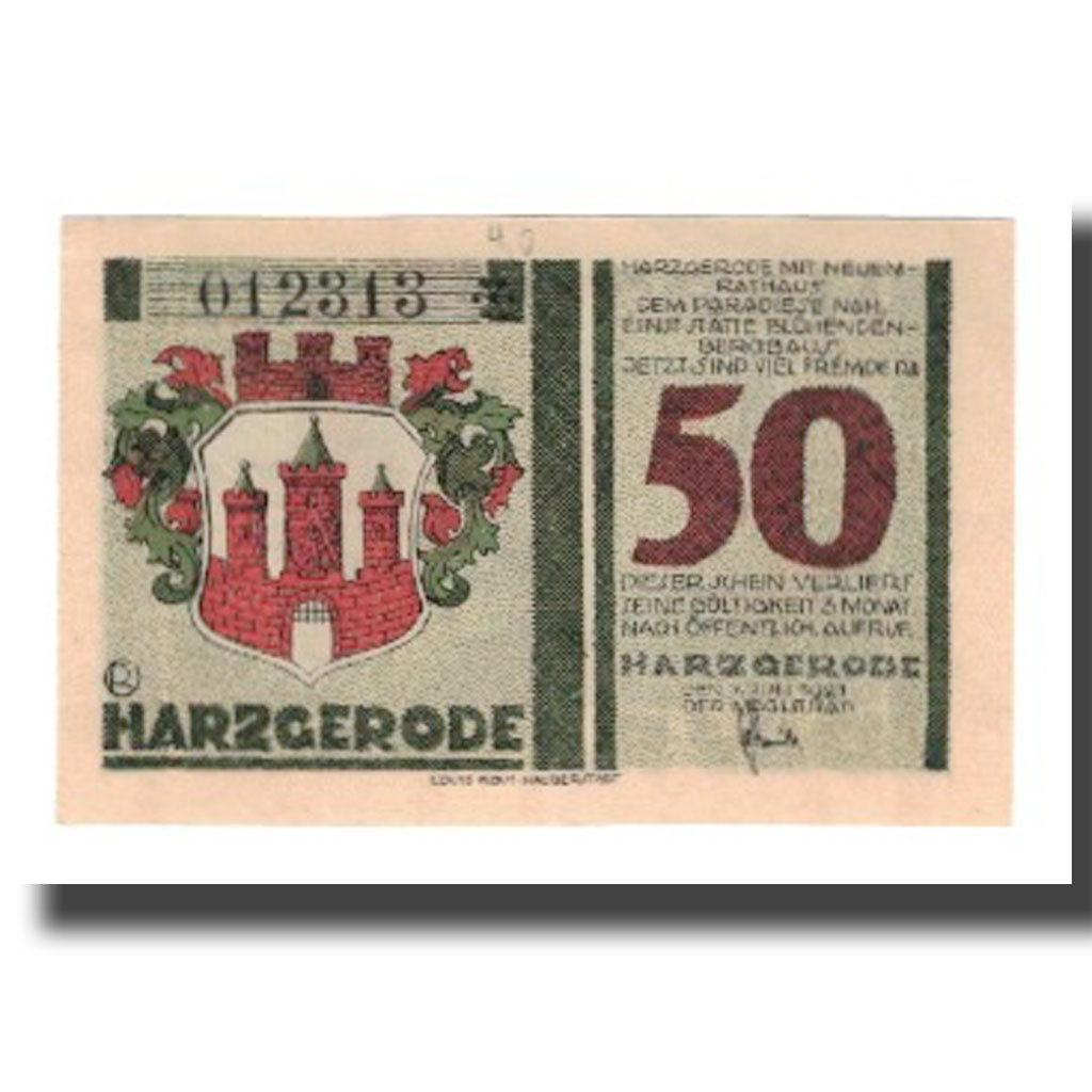 Banconote, Germania, Harzgerode Stadt, 50 Pfennig, village 1, 1921, 1921-07-07